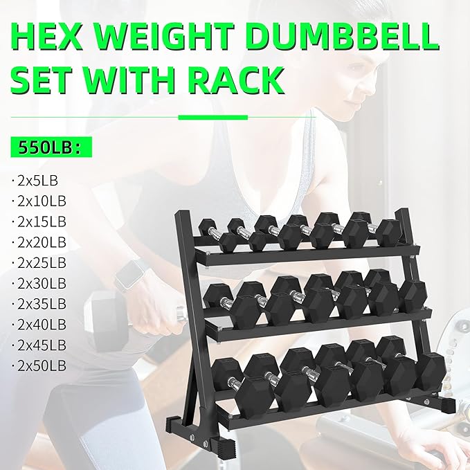 Ritafer Hex Weight Dumbbell Set with Rack Hand Weights for Strength Training Rubber Coated Dumbbells for Home Gyms Exercise & Fitness Training Muscle 5/10/15/20/25/30/35/40/45/50 lbs