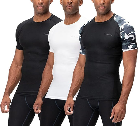 DEVOPS 3 Pack Men's Cool Dry Short Sleeve Compression Shirts, Sports Baselayer T-Shirts Tops, Athletic Workout Shirt