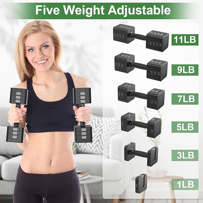 22LBS Adjustable Dumbbells Set, Hand Weights Sets with 5 Levels 3lb, 5lb, 7lb, 9lb, 11lb, Adjustable Weight Dumbbells for Women/Men Home Gym Full Body Workout
