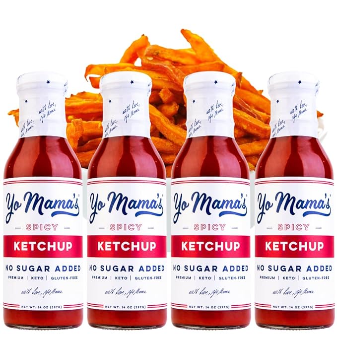 Yo Mama's Foods Keto Spicy Ketchup – Pack of (4) - No Sugar Added, Low Carb, Vegan, Gluten Free, Paleo Friendly, and Made with Whole Non-GMO Tomatoes!