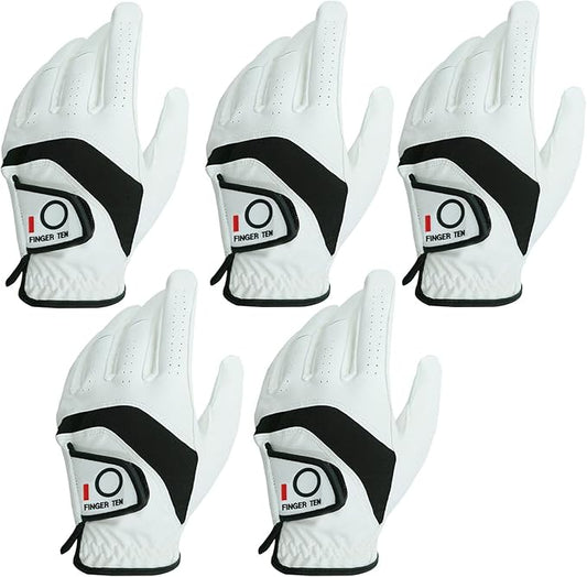 FINGER TEN Golf Gloves Men Left Hand Right Leather Value 5 Pack, Mens Golf Glove for Right Left Handed Golfer All Weather Grip Small Medium ML Large XL XXL 3XL