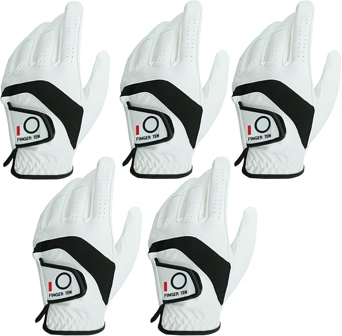FINGER TEN Golf Gloves Men Left Hand Right Leather Value 5 Pack, Mens Golf Glove for Right Left Handed Golfer All Weather Grip Small Medium ML Large XL XXL 3XL