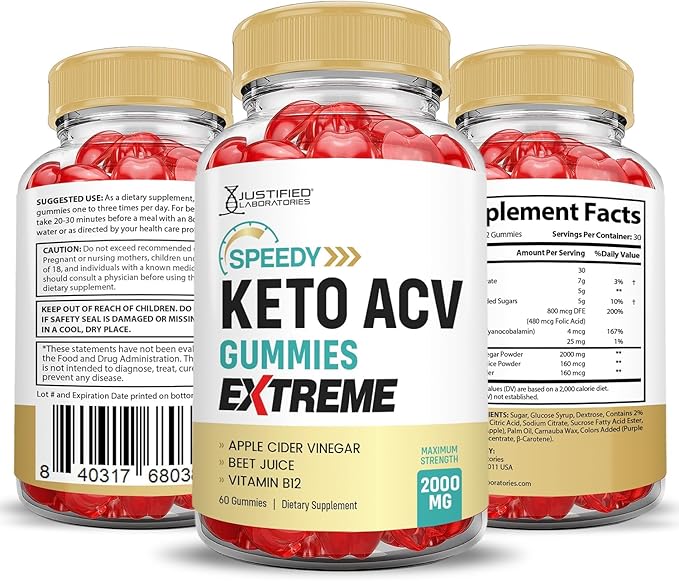 Justified Laboratories Speedy Keto ACV Gummies Extreme 2000MG Speedy Keto Gummies Advanced Formula Apple Cider Vinegar with Pomegranate Beet Juice Powder B12 Vegan Non GMO 60 Gummys