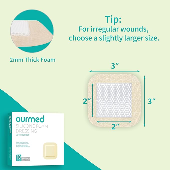 Silicone Foam Dressing with Border Adhesive - Large Absorbent Waterproof Bandage for Wound Care, Foot Diabetic Ulcer, Leg Ulcer, 3" x 3", 10 Pack