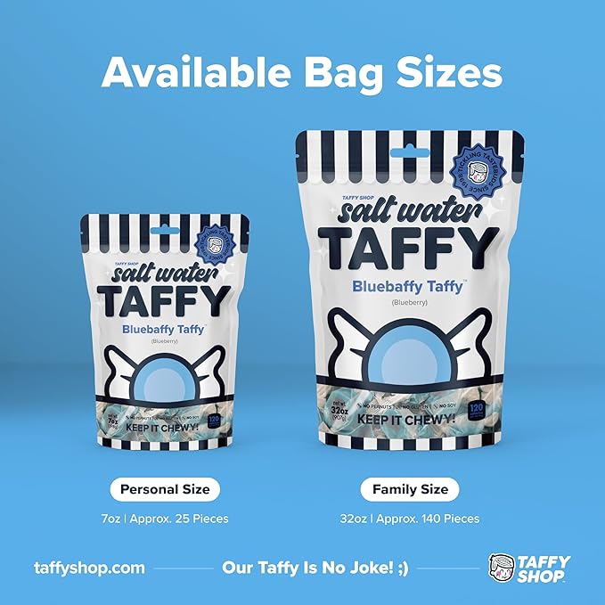 Taffy Shop Bluebaffy Taffy, Blueberry Salt Water Taffy – Gourmet Soft Chewy Candy, Bulk Sweet Snack, Fresh Gift & Gluten-Free, 140 Individually Wrapped Pieces (32oz)