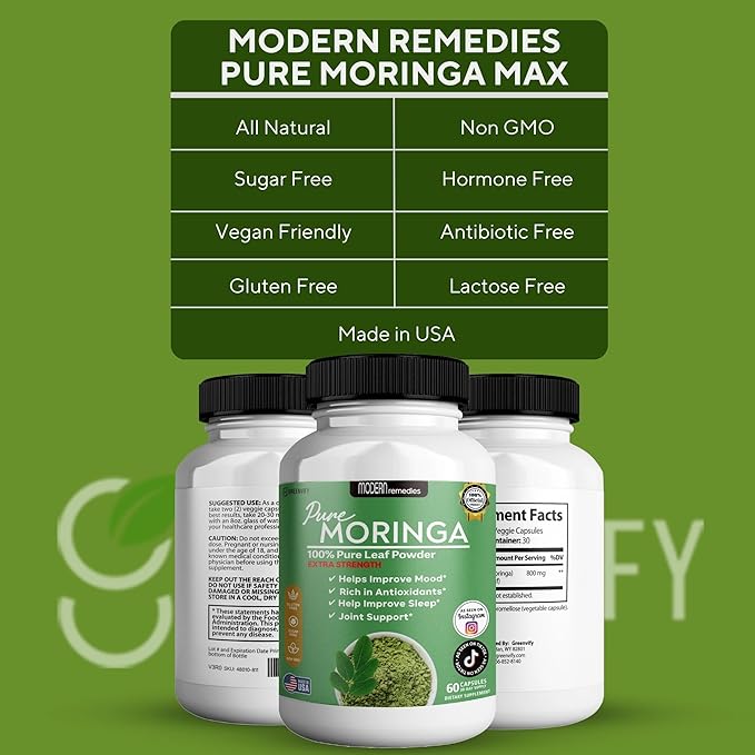 Modern Remedies Pure Moringa Max Leaf Powder Supplement, 800mg, 60 Capsules, Extra Strength for Mood, Sleep and Joint Support, Gluten Free (1)