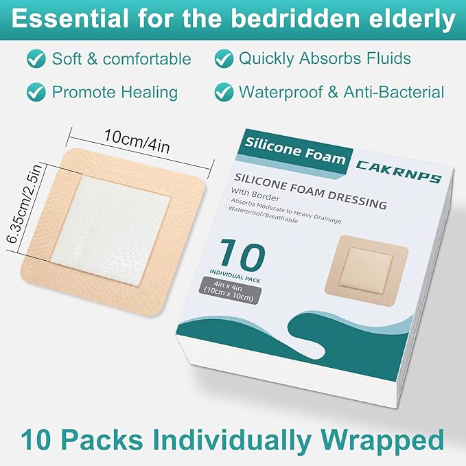 Silicone Foam Dressing 4“ x 4” with Adhesive Border,10 Packs Waterproof Silicone Bandages for Wounds Care, Large Self Adhesive Wound Dressing Bandage for Bed Sore