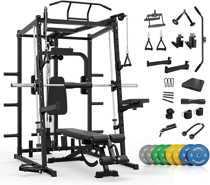 Mikolo All-in-One Smith Machine Home Gym, 2000LBS Power Cage with Cable Crossover System, Integrated Squat Rack with Weight Bar for Full-Body Training—LAT Pulldown, T-Bar Row, Triceps, Chest Fly