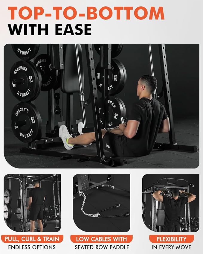 Mikolo All-in-One Smith Machine Home Gym, 2000LBS Power Cage with Cable Crossover System, Integrated Squat Rack with Weight Bar for Full-Body Training—LAT Pulldown, T-Bar Row, Triceps, Chest Fly