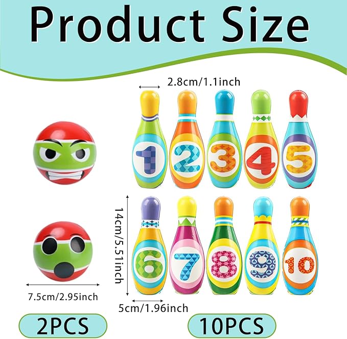 Kids Bowling Set Toy - 10PCS Soft Numbered Pins & 2 Foam Balls for Toddler Boys Girls Age 3-5, Indoor Outdoor Sports Game, Preschool Learning Toy, Birthday Gift for Ages 3 4 5 6
