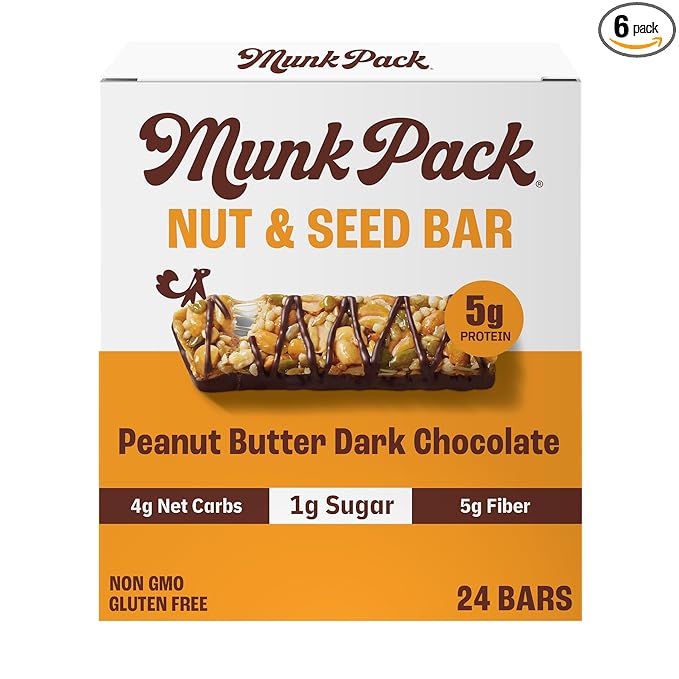 Munk Pack Nut and Seed Snack Bars 5g Protein 1g Sugar 3g Net Carbs Low Sugar Keto and Gluten Free Snack for Adults and Kids Peanut Butter Dark Chocolate 492 oz 24 Pack