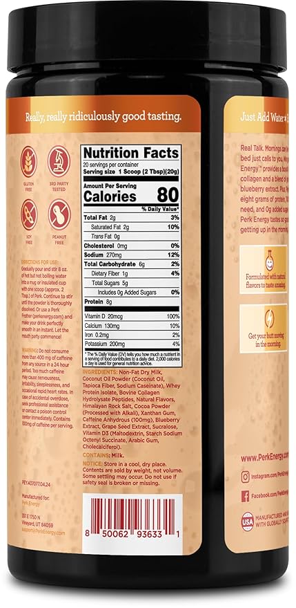 Perk Energy Original Vanilla Caramel Steamer Flavored Drink Powder (20 Servings) - Gluten-Free, Peanut-Free