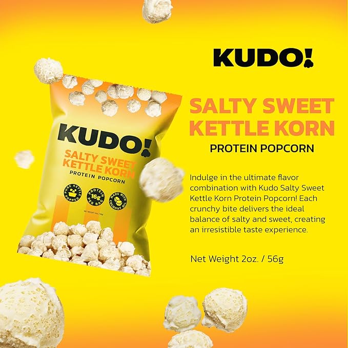 Kudo - Salty Sweet Kettle Korn - Protein Popcorn - Seed Oil Free, Gourmet Flavor, Mushroom Kernel, 8g Protein, Snack Anytime Anywhere - 2oz
