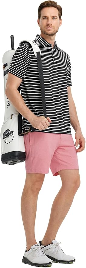Rouen Mens Polo Shirts Short Sleeve Dry Fit Performance Moisture Wicking Causal Striped Polo Collared Golf Shirts for Men