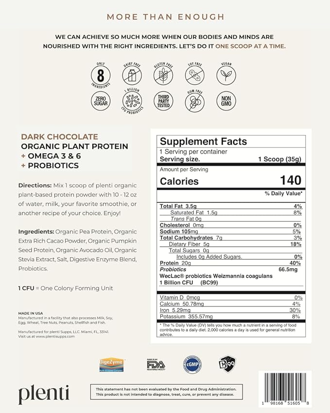 plenti Organic Plant-Based Protein Powder: Dark Chocolate - 20g Pea Protein + Probiotics, Digestive Enzymes & Omega 3-6, Gut Friendly, Sugar Free, 27 Servings (2 lbs)
