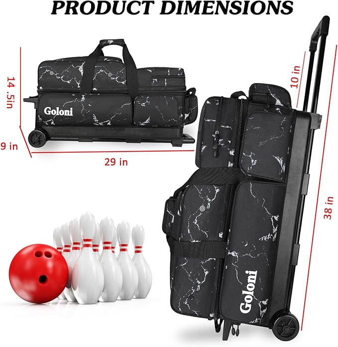 Goloni 3 Ball Bowling Bags with Wheels - Rolling Bowling Bag for 3 Balls & Accessories - Retractable Handle Extends to 38