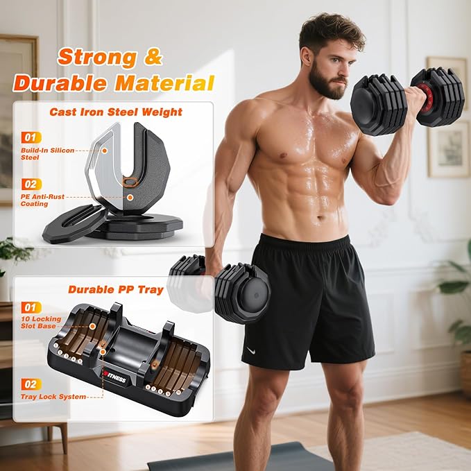 XDDIAS Adjustable Dumbbell Set of 2-25LB/55LB Set-1Sec Adjustable Dumbbell Weights-5 in 1 Free Weights Dumbbells Set with Effortless Tray/No-Slip Handle-Compact Size for Women/Men at Home Gym