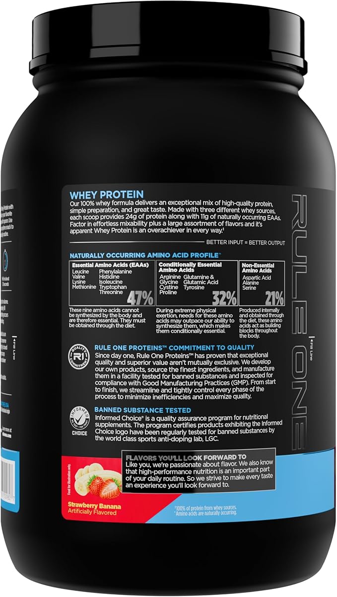 Rule 1 Whey Protein – 24g Fast-Acting Protein from All-Whey Sources with Naturally Occurring EAAs & BCAAs for Workout Recovery or Anytime Use (2 Pounds*, Strawberry Banana)