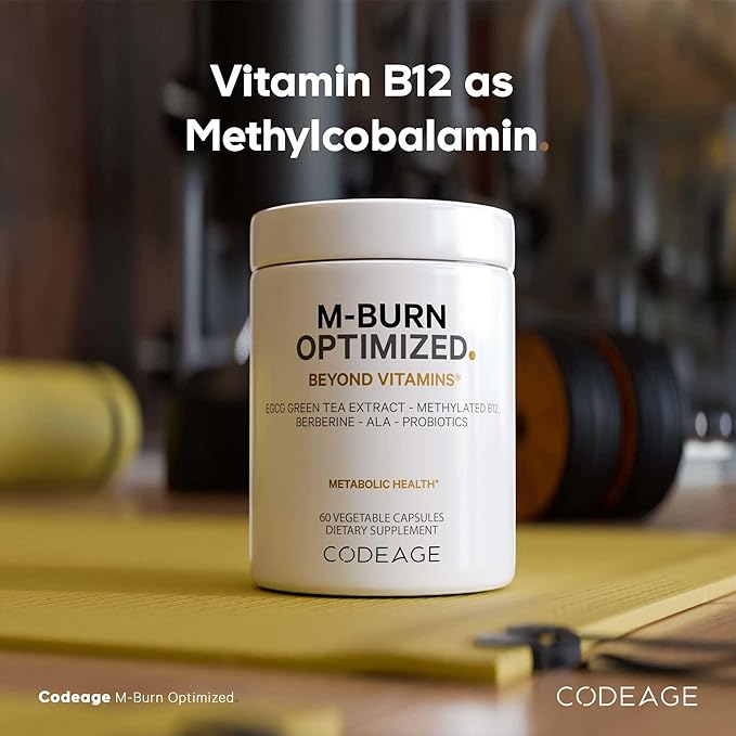 Codeage M-Burn Optimized Supplement - Decaffeinated Green Tea Std. to 50% EGCG, Berberine, Akkermansia, Vitamin B12 - Probiotics - Vitamins - 60 Capsules
