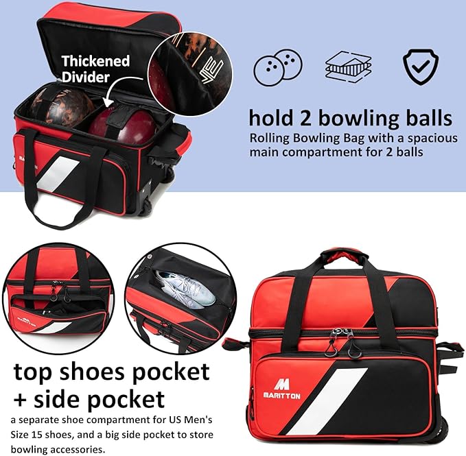 Bowling Bag with Wheels Double Roller 2 Ball Bowling Separate Shoe Compartment and Oversized Accessory Pocket, 36.6" Extendable Handle.