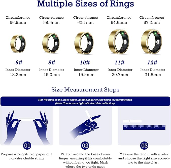 Smart Ring Health Tracker, Sleep Tracker Ring with Heart Rate, Waterproof Fitness Ring for Activity Monitoring/Steps/Distance/Calories,Air Gestures,Up to 7-Day Battery,for iOS Android (Light Gold,#12)