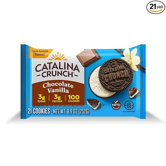Catalina Crunch Protein Cookies, 4g Protein per Serving - Low-Sugar Sandwich Cookies - Gluten Free, Vegan - Keto Dessert Snacks - Chocolate Vanilla, 8.9 oz. (21 Count)