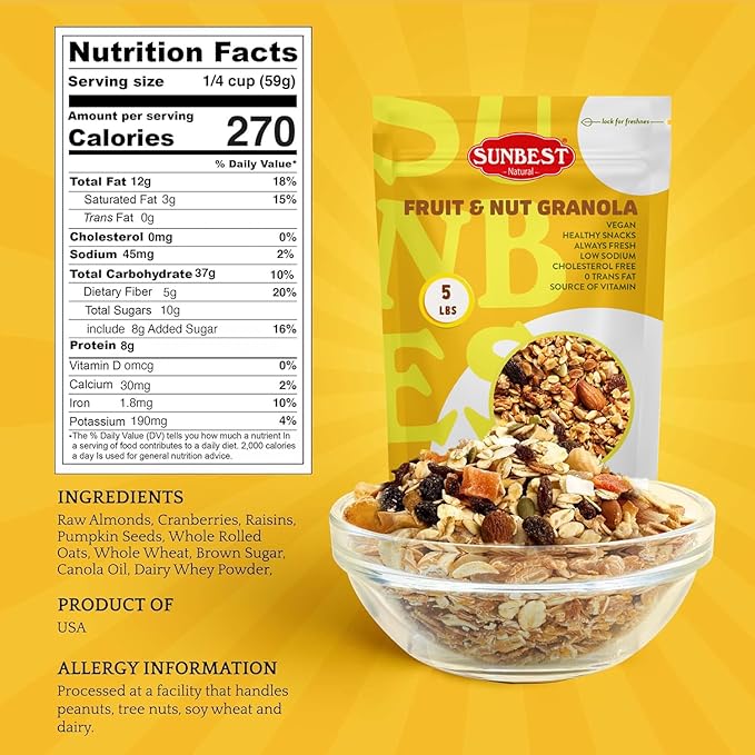 Sunbest Natural Fruit & Nut Granola – 5 lb Bulk Bag – Crunchy Oats, Raisins & Pumpkin Seeds – Non-GMO, Kosher – Perfect for Snacking, Breakfast & Baking