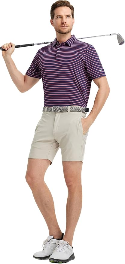 Rouen Mens Polo Shirts Short Sleeve Dry Fit Performance Moisture Wicking Causal Striped Polo Collared Golf Shirts for Men