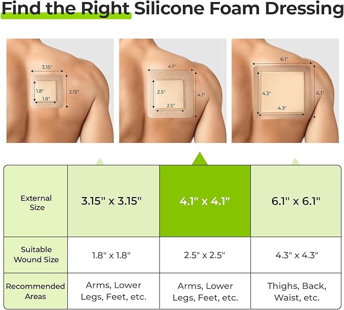 AUVON Silicone Foam Dressing 4" x 4" with Large Adhesive Border, 22 Packs Wound Dressing Bandage with High Absorbency, Waterproof Bed Sore Bandages, Silicone Foam Pad for Wound Care