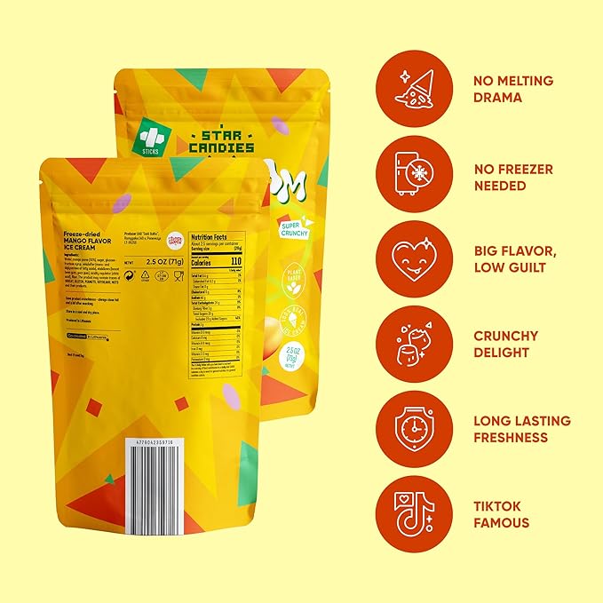 Star Candies Freeze Dried Mango Ice Cream | No Melting Freeze Dried Ice Cream Candy | Crunchy & Delicious Camping Food | Premium Astronaut Food loved by Kids and Adults | Space and Astronaut Snack | Gift Set for Birthday or Party (2.5 oz.)