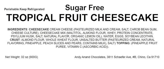 Andy Anand Sugar Free Tropical Fruit Cheesecake 9", Diabetic Friendly, Delicious, Made With Real California Cream Cheese No Added-Sugar, No Preservatives Cheesecake, Perfect for Family Desserts (2 lb)