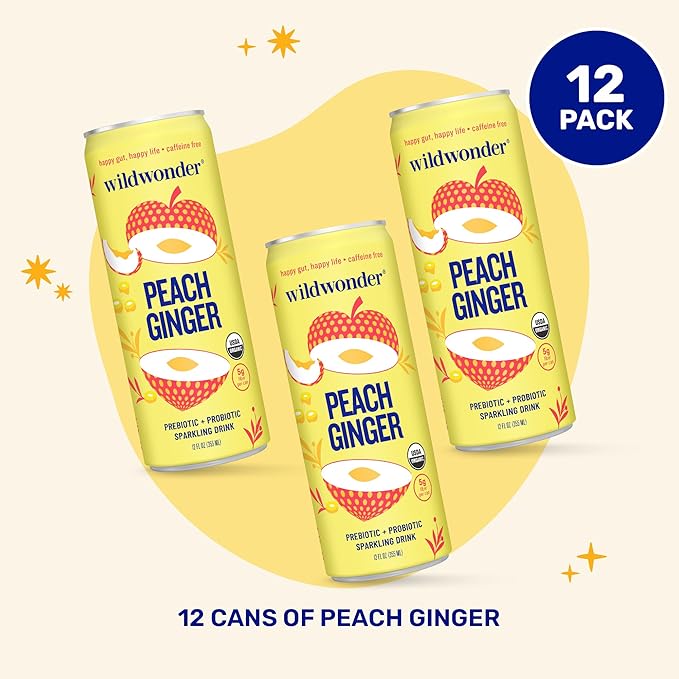 wildwonder Sparkling Probiotic Drink 12pk, For Gut Health & Immune Support, Peach Ginger, 5g Prebiotic Fiber, Live Probiotics, Organic, Vegan, Low Sugar, 12 Pack, 12oz Can, As Seen on Shark Tank