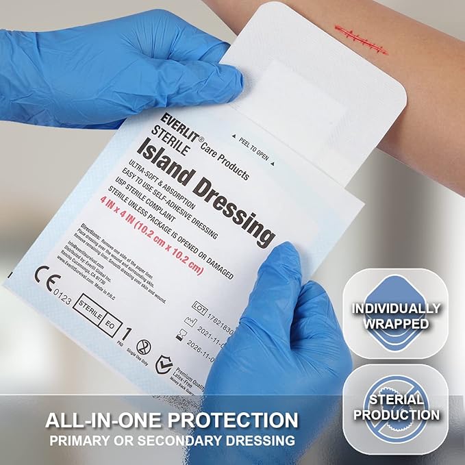 EVERLIT Island Dressing Bordered Gauze | Large Wound Care Bandage with Adhesive Border| Sterile, Soft & Highly Absorbent Medical Grade Dressing Pad (4x10 Inch (Pack of 25))