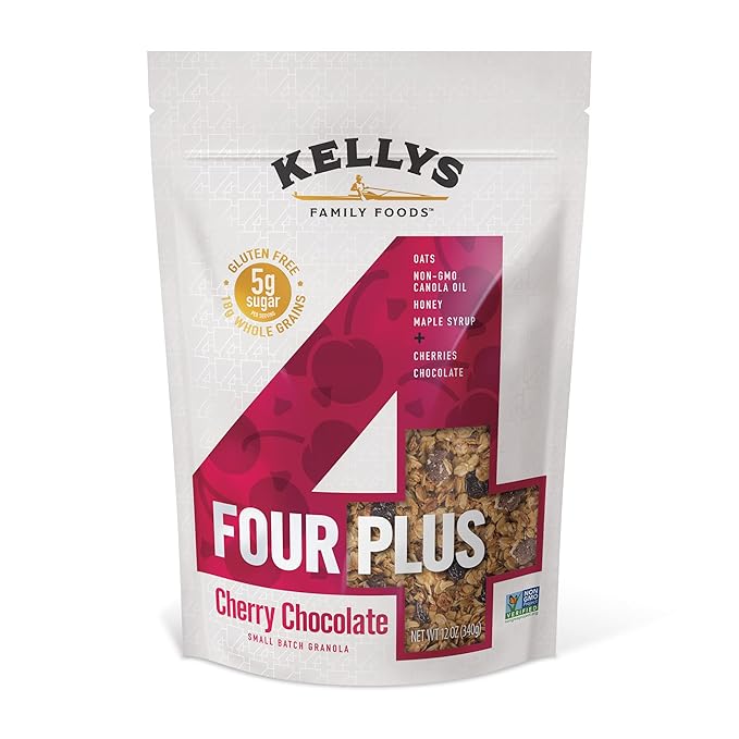 Kelly's Four Plus (Cherry Chocolate) Granola Cereal with Whole Grain Oats, Honey, Maple Syrup - Non-GMO, Low Sugar, Sodium Free and Gluten Free Granola for Yogurt - 12oz