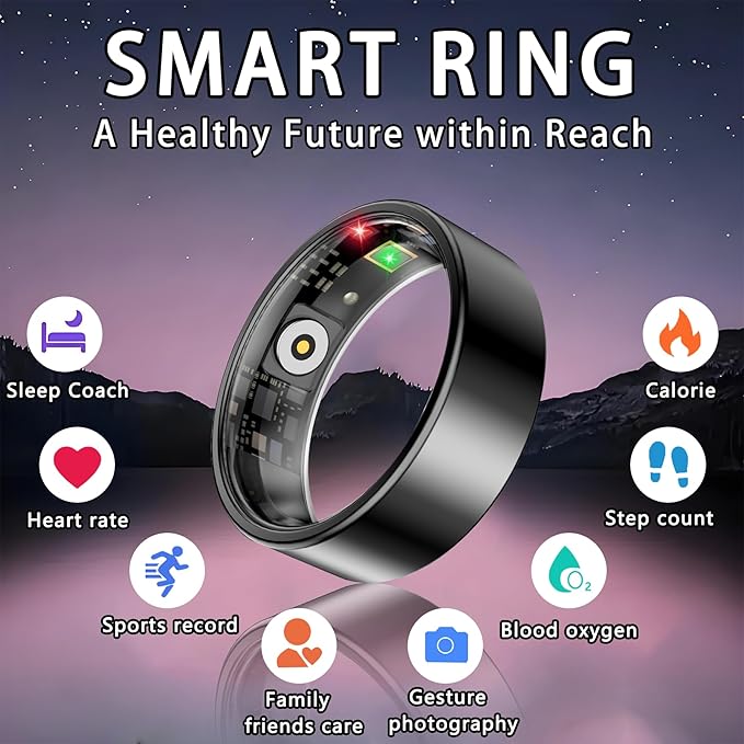 Smart Ring for Women Men, Sleep Tracker Ring, Waterproof Fitness Tracker Health Rings with Heart Rate Monitoring, Blood Oxygen, Stress Distance Calories Steps Tracking, No Subscription Fee(Black, #9)