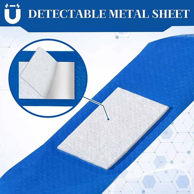 Geiserailie 200 Pcs Blue Fabric Bandages 3 ''x 1'' Food Service Metal Detectable PE Waterproof Adhesive Bandages Bulk Sterile Processing Non Stick Pad Latex Free for First Aid & Wound Care Protection