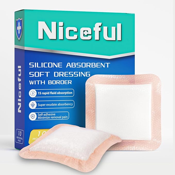 Silicone Super Absorbent Wound Dressing-4"× 4" Self-Adhesive Bandages for Wound Care, FSA HSA Eligible, Ultra Soft Wound Pads for Bed Sores Leg Ulcers Burns, 10