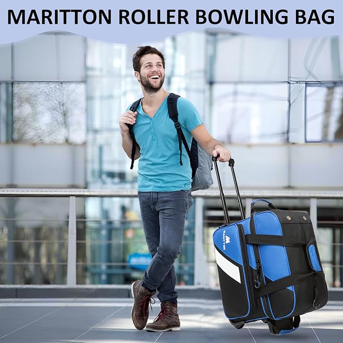 Bowling Bag with Wheels Double Roller 2 Ball Bowling Separate Shoe Compartment and Oversized Accessory Pocket, 36.6" Extendable Handle.