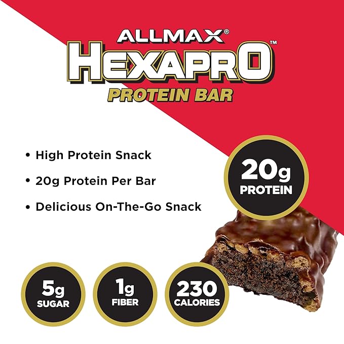 ALLMAX HEXAPRO PROTEIN BAR, Chocolate Fudge Brownie - Pack of 12 - High-Protein Energy Snack - 20 g of Protein Per Bar - With Whey Protein Isolate