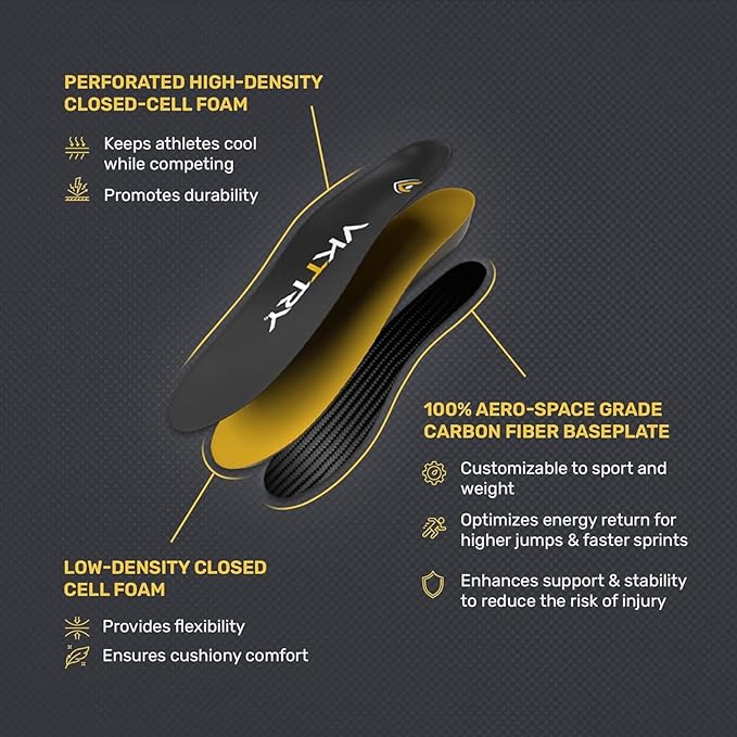VKTRY Gold for Cleated Shoes - Carbon Fiber Performance Insoles - Customized Inserts for Soccer & Track | Run Fast, Jump High, Land Soft, Support Recovery, US: Men 8-8.5, Women 10-10.5, 171-220 lbs