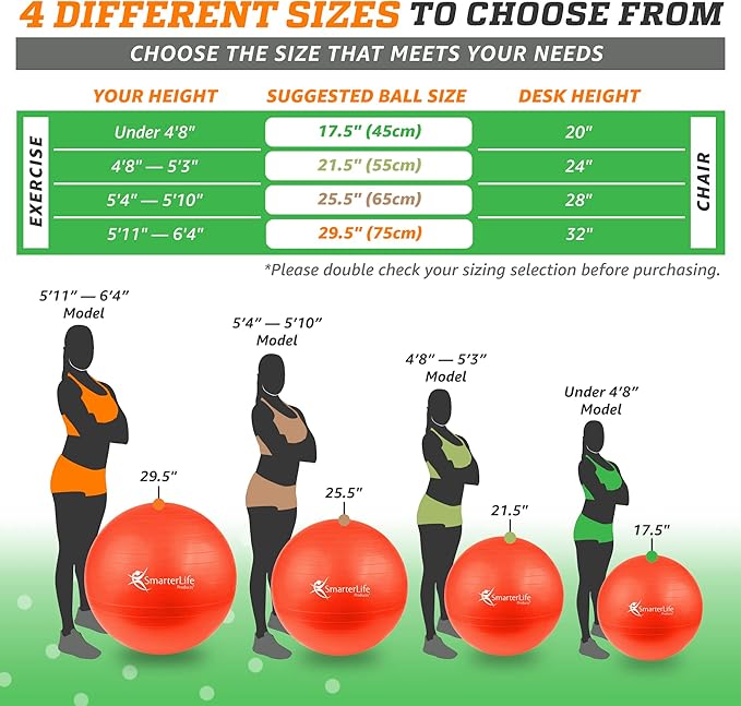 SmarterLife Exercise Ball Yoga Ball for Fitness, Balance, Stability, or Pregnancy, Gym Ball for Core Workout, Physical Therapy, Yoga Ball Chair for Office, Anti-Slip Anti-Burst