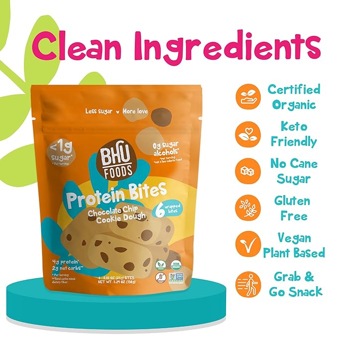 Bhu Foods Keto Bites, Chocolate Chip Cookie Dough, Organic Snacks for Adults & Kids, Gluten Free, Vegan, Low Carb & Sugar, Individually Wrapped (1 Pack)