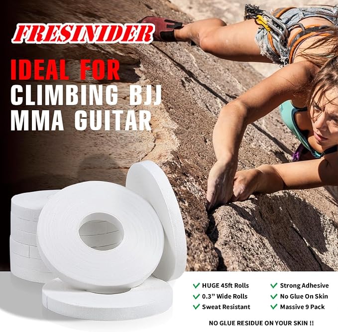 Finger Tape - Strong Athletic Tape | 0.3” x 45 Feet (9 Pack) Tin Set | No Sticky Residue | for Rock Climbing, BJJ Jiu Jitsu, Grappling, Judo, MMA, Rock Climbing and Martial Arts (White)