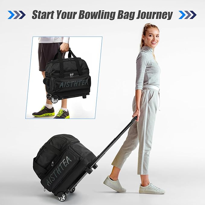 2-3 Ball Bowling Bag with Wheels, Rolling Trolley Bowling Bags with Large Separate Shoe Compartment and Oversized Accessory Pocket