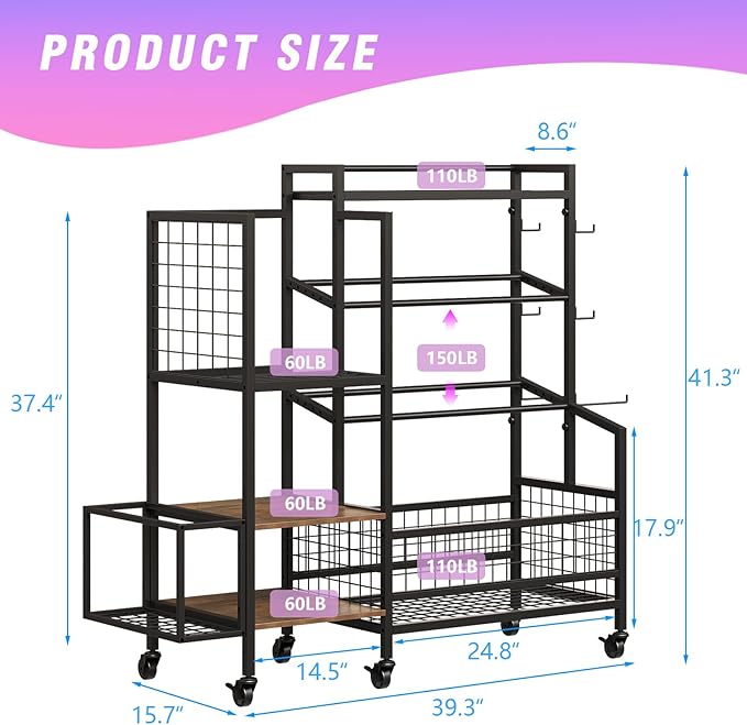 Dumbbell Rack – Adjustable Weight Storage Stand with Hooks for Home Gym, Kettlebells, Yoga Mat and Workout Equipment Heavy Duty Weight Rack with Wheels