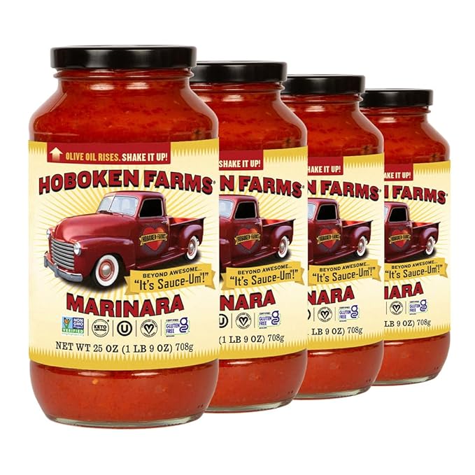 Hoboken Farms Marinara Sauce – No Sugar Added, Low Sodium, Non-GMO, Preservative-Free, Low Carb, Keto – Better For You Pasta Sauce! (25 Fl Oz, Pack of 4)