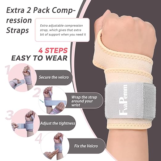 Wrist Brace for Right Left Hand 2 Pack, Wrist Support Wraps for Women Men, Adjustable Wrist Brace for Carpal Tunnel Tendonitis, Arthritis, Weightlifting, Sports, Day Night Support, Nude