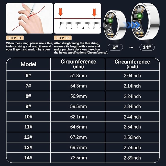 Ring Health Tracker for Women Men, Fit Ring with Heart Rate, Blood Oxygen, Sleep Monitor, Calories, Step Counter, IP68 Waterproof Smart Ring for iPhone & Android, No Subscription Fee (Silver, 8#)