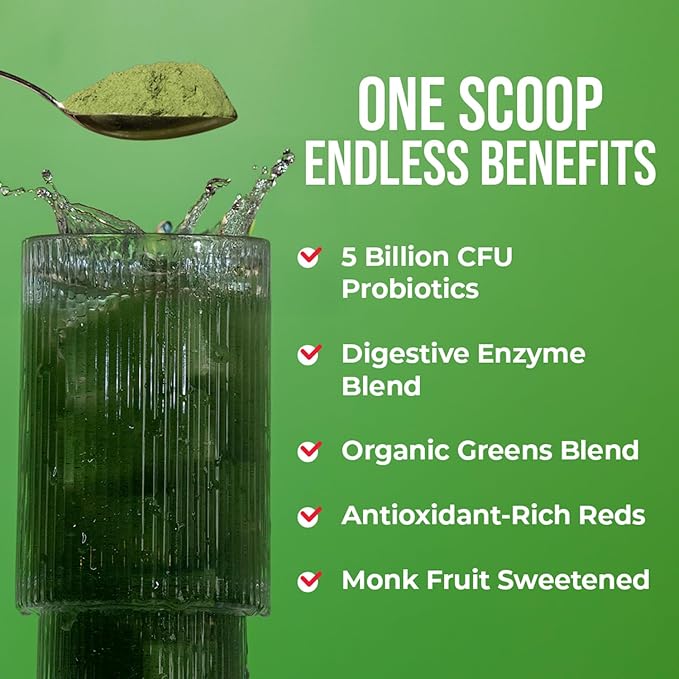 GOBIOTIX Super Greens and Reds Powder - Red and Green Superfood - Probiotic Supplement - Digestive Enzymes and Beet Root Powder - Organic Whole Foods Dietary Supplement (Pom Raspberry, 1 Pack)