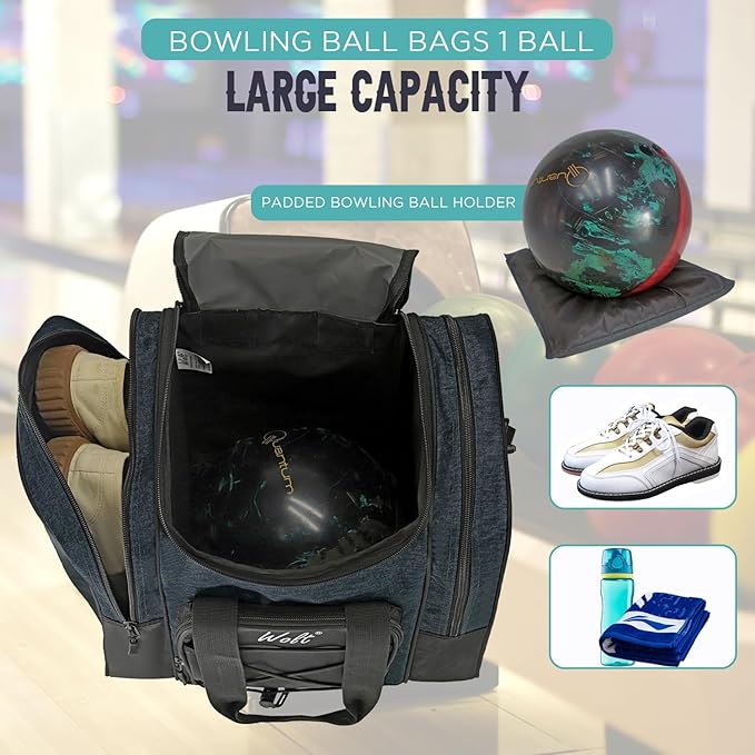 WOLT Bowling Ball Bag for Single Ball - Bowling Ball Tote Bag with Padded Ball Holder, 2 Pockets fit Bowling Shoes Up to Mens Size 14 and Accessories